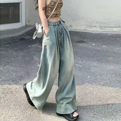 Vintage Distressed lahtised teksad Naiste suvised Ameerika stiilis High Street püksid Bell Bottoms Drapeeritud haagispüksid