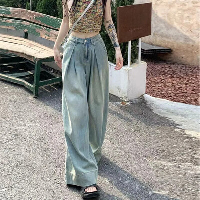 Vintage Distressed laza szabású farmer Női nyári amerikai stílusú High Street nadrágok Bell Alsó Drapírozott utánfutó nadrágok