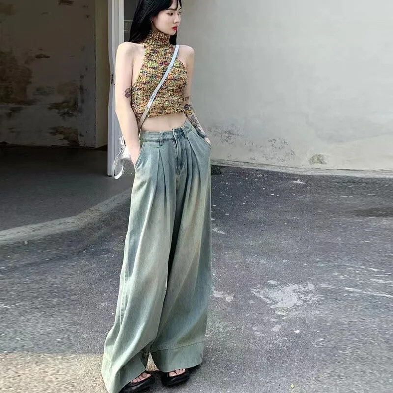 Vintage Distressed laza szabású farmer Női nyári amerikai stílusú High Street nadrágok Bell Alsó Drapírozott utánfutó nadrágok