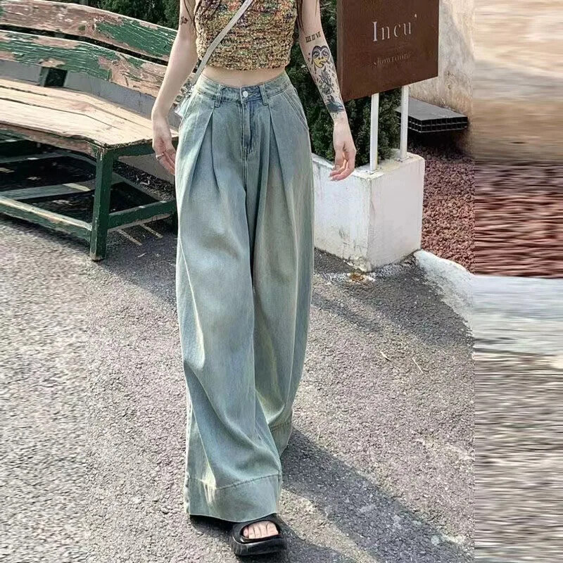 Vintage Distressed laza szabású farmer Női nyári amerikai stílusú High Street nadrágok Bell Alsó Drapírozott utánfutó nadrágok