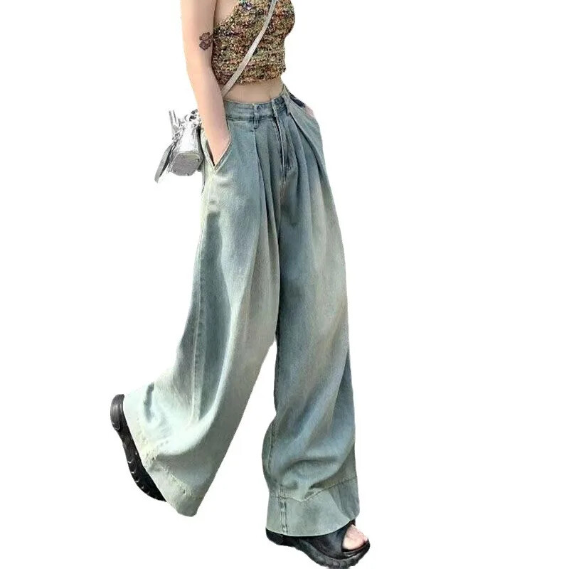 Vintage Distressed laza szabású farmer Női nyári amerikai stílusú High Street nadrágok Bell Alsó Drapírozott utánfutó nadrágok