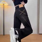 Magas derekú karcsúsító egyenes lábú farmer Szürke hímzés, széles szárú, alkalmi nadrágok nőknek Új tavaszi szezon, plusz méret