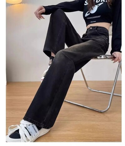 Magas derekú karcsúsító egyenes lábú farmer Szürke hímzés, széles szárú, alkalmi nadrágok nőknek Új tavaszi szezon, plusz méret