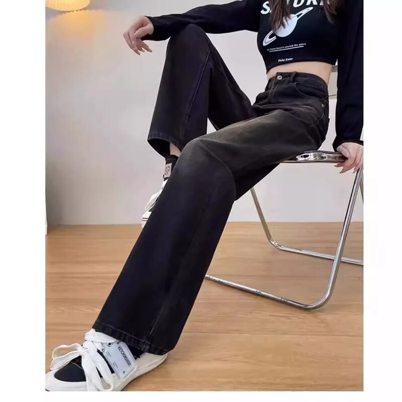 Magas derekú karcsúsító egyenes lábú farmer Szürke hímzés, széles szárú, alkalmi nadrágok nőknek Új tavaszi szezon, plusz méret