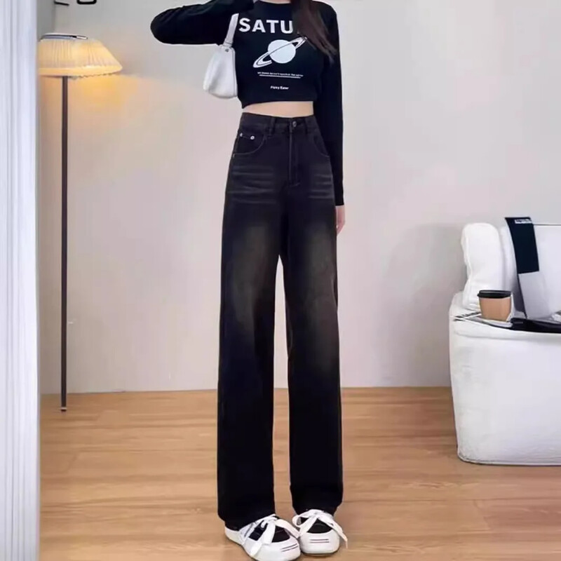 Magas derekú karcsúsító egyenes lábú farmer Szürke hímzés, széles szárú, alkalmi nadrágok nőknek Új tavaszi szezon, plusz méret