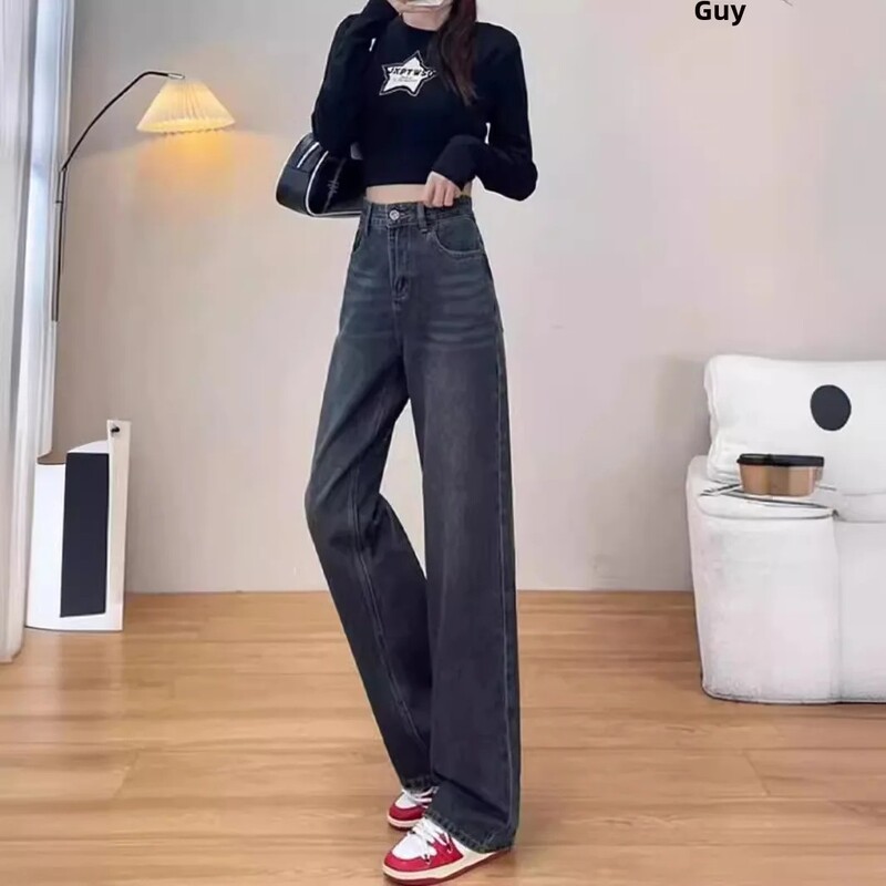 Magas derekú karcsúsító egyenes lábú farmer Szürke hímzés, széles szárú, alkalmi nadrágok nőknek Új tavaszi szezon, plusz méret