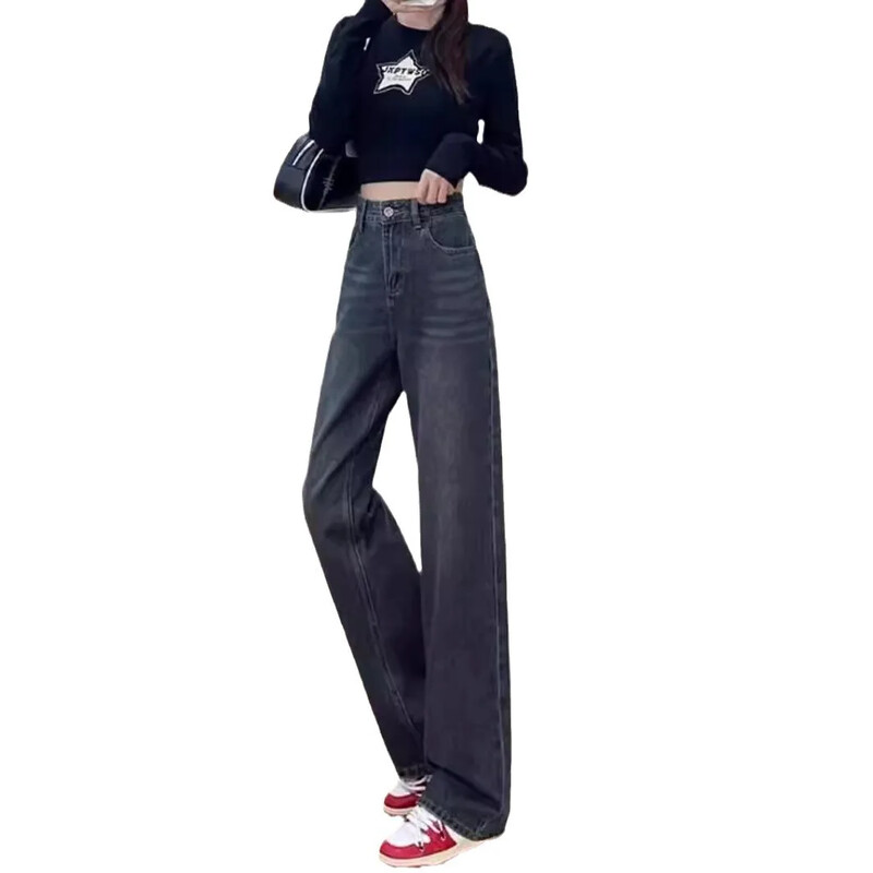 Magas derekú karcsúsító egyenes lábú farmer Szürke hímzés, széles szárú, alkalmi nadrágok nőknek Új tavaszi szezon, plusz méret