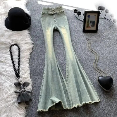 Madingi madingi moteriški džinsai plačios kojos aukštu juosmeniu gradiento kutais džinsinės kelnės Naujo rudens stiliaus laisvalaikio drabužiai