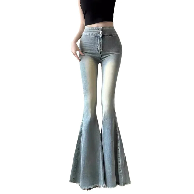 Madingi madingi moteriški džinsai plačios kojos aukštu juosmeniu gradiento kutais džinsinės kelnės Naujo rudens stiliaus laisvalaikio drabužiai