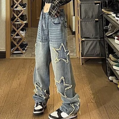Star Y2k táskás széles lábú farmer Női Vintage utcai ruházat mosott farmer nadrág Grunge Basic Slouchy kék nadrág női őszi farmer