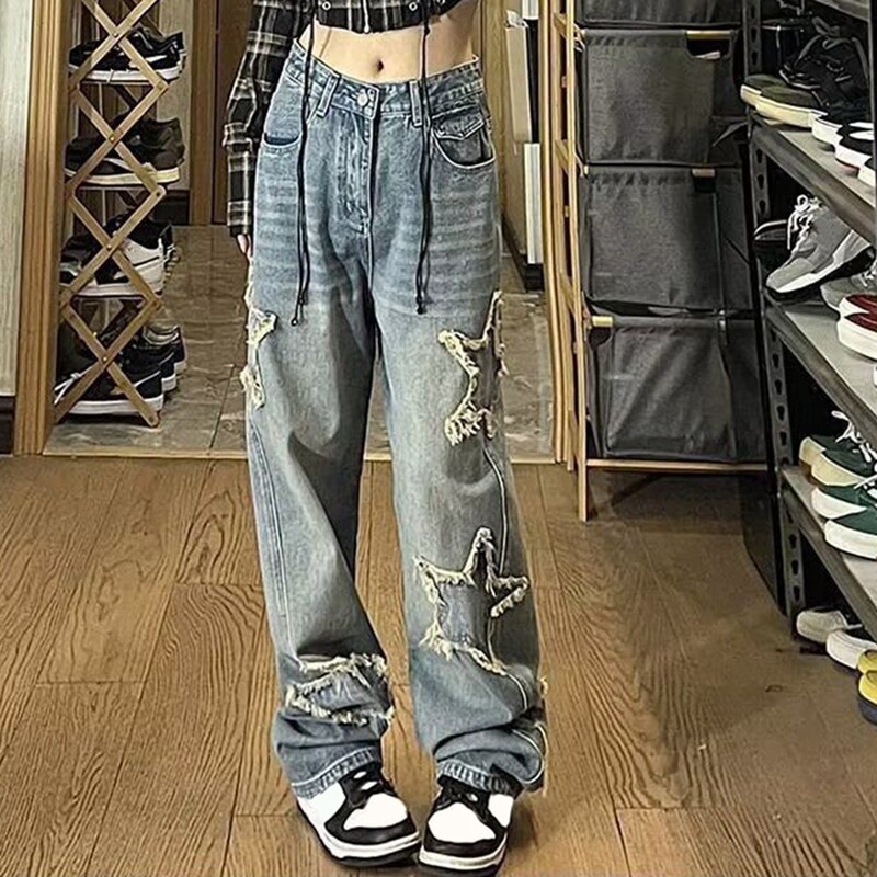 Star Y2k táskás széles lábú farmer Női Vintage utcai ruházat mosott farmer nadrág Grunge Basic Slouchy kék nadrág női őszi farmer