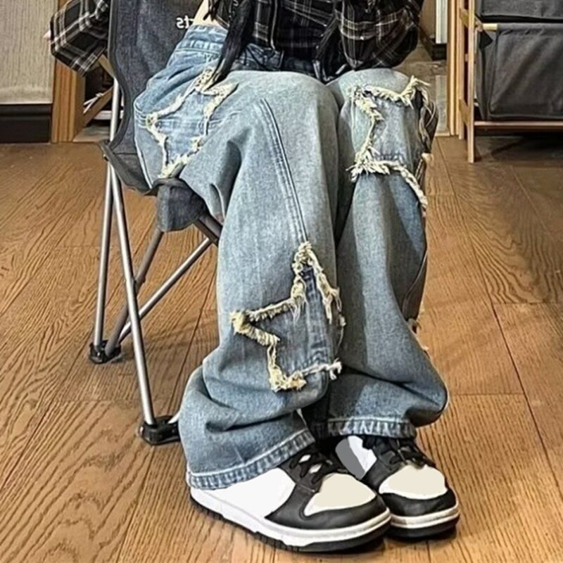 Star Y2k táskás széles lábú farmer Női Vintage utcai ruházat mosott farmer nadrág Grunge Basic Slouchy kék nadrág női őszi farmer