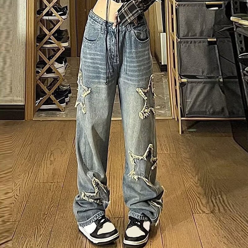 Star Y2k táskás széles lábú farmer Női Vintage utcai ruházat mosott farmer nadrág Grunge Basic Slouchy kék nadrág női őszi farmer