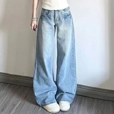 Madingi liekninantys plačių kojų džinsai moterims Nauji pavasario rudens stiliaus laisvi tiesių kojų priekabos džinsai Amerikietiško stiliaus