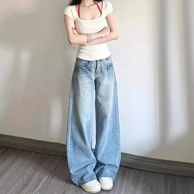 Madingi liekninantys plačių kojų džinsai moterims Nauji pavasario rudens stiliaus laisvi tiesių kojų priekabos džinsai Amerikietiško stiliaus