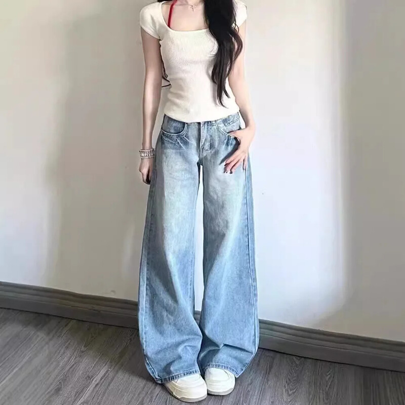 Madingi liekninantys plačių kojų džinsai moterims Nauji pavasario rudens stiliaus laisvi tiesių kojų priekabos džinsai Amerikietiško stiliaus