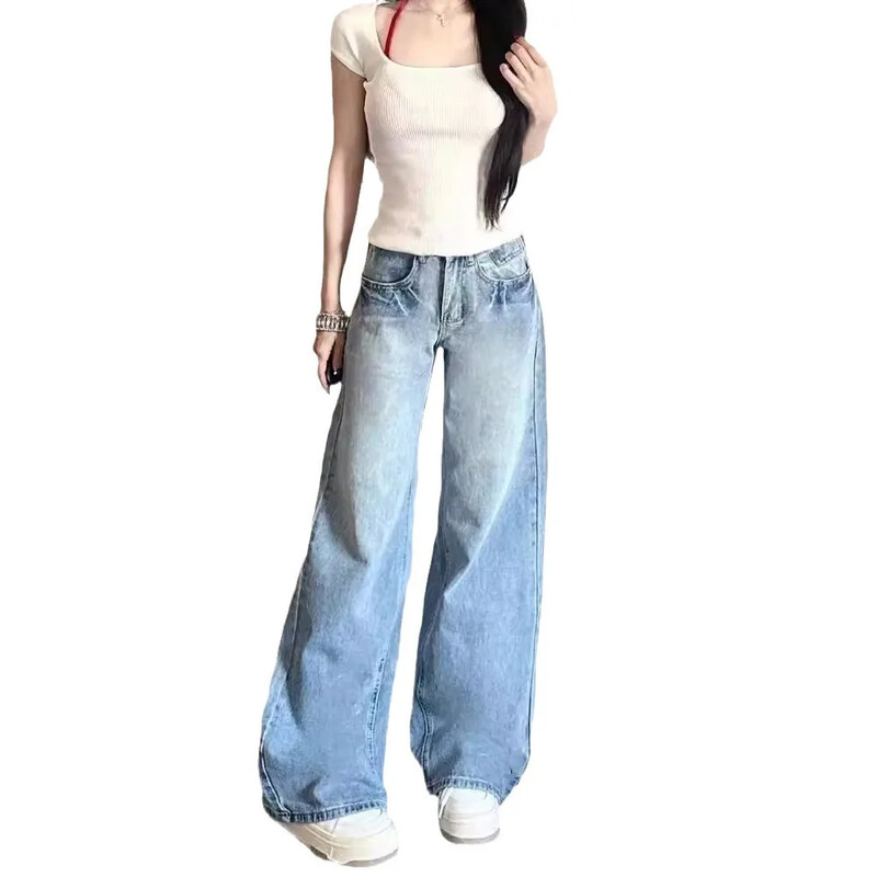 Madingi liekninantys plačių kojų džinsai moterims Nauji pavasario rudens stiliaus laisvi tiesių kojų priekabos džinsai Amerikietiško stiliaus