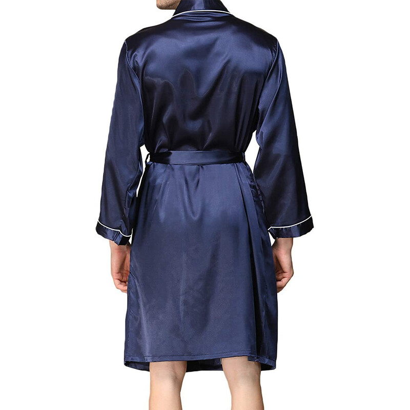 Muški satenski kućni ogrtač s remenom, dugi rukavi, noćni ogrtač s V-izrezom, spavaćica, mekana salonka s džepovima