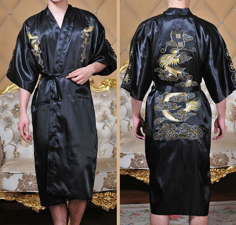 Ķīniešu stila halāts klasisks izšūts pūķis kimono vīrietis mājas apģērbs garš peldmētelis satīna naktskrekls brīvs guļamveļa atpūtas apģērbs