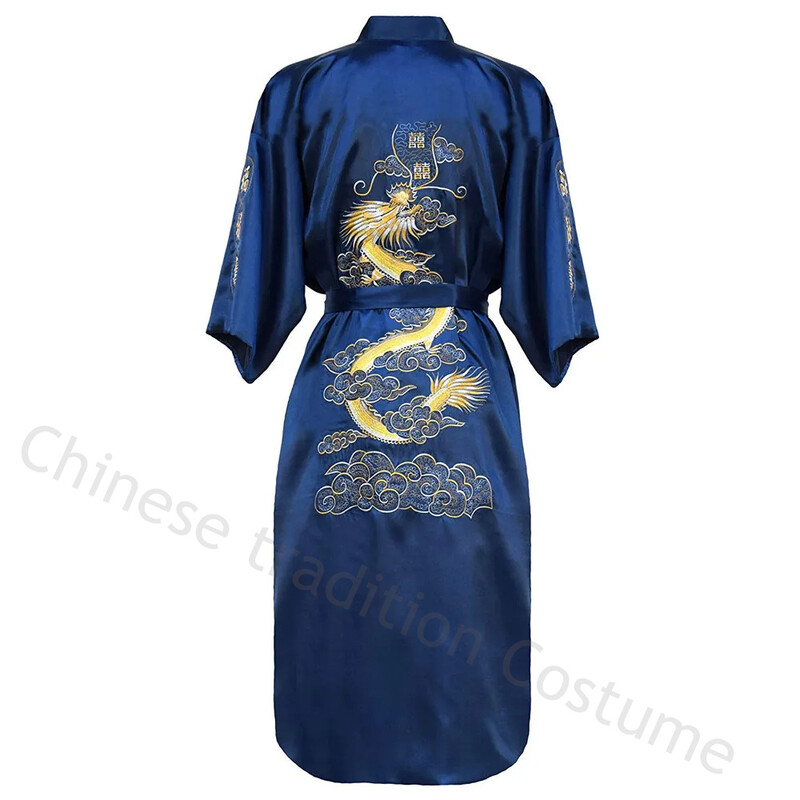 Ķīniešu stila halāts klasisks izšūts pūķis kimono vīrietis mājas apģērbs garš peldmētelis satīna naktskrekls brīvs guļamveļa atpūtas apģērbs