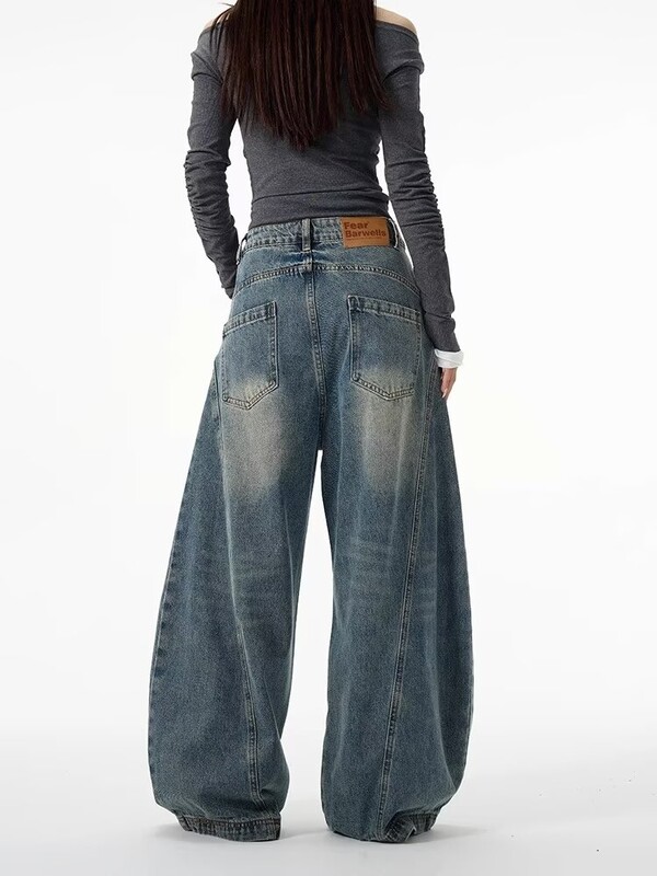 Utcai divat Amerikai retro kék szürke farmer nadrág Divatos farmer cipzár széles szárú laza egyenes szárú nadrág Pantalones Baggy Mujer