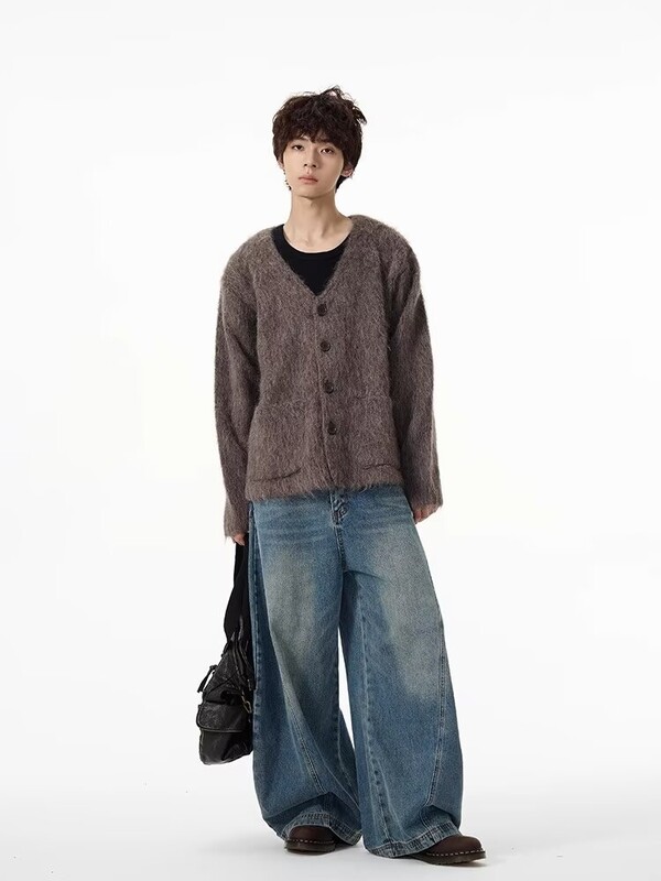 Utcai divat Amerikai retro kék szürke farmer nadrág Divatos farmer cipzár széles szárú laza egyenes szárú nadrág Pantalones Baggy Mujer