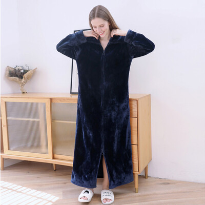 Žiemos šiltas poros mieguistas ilgas užtrauktukas chalatas pižama stori itin minkšti naktiniai madingi šilti dideli atvartai Laisvalaikio namų apranga