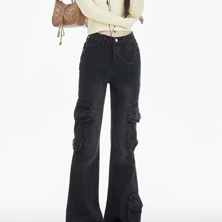 Amerikietiško stiliaus vintažiniai liekninantys džinsai aukštu juosmeniu kišeninio dizaino Sensibility laisvalaikio krovininės kelnės moterims pavasario vasara