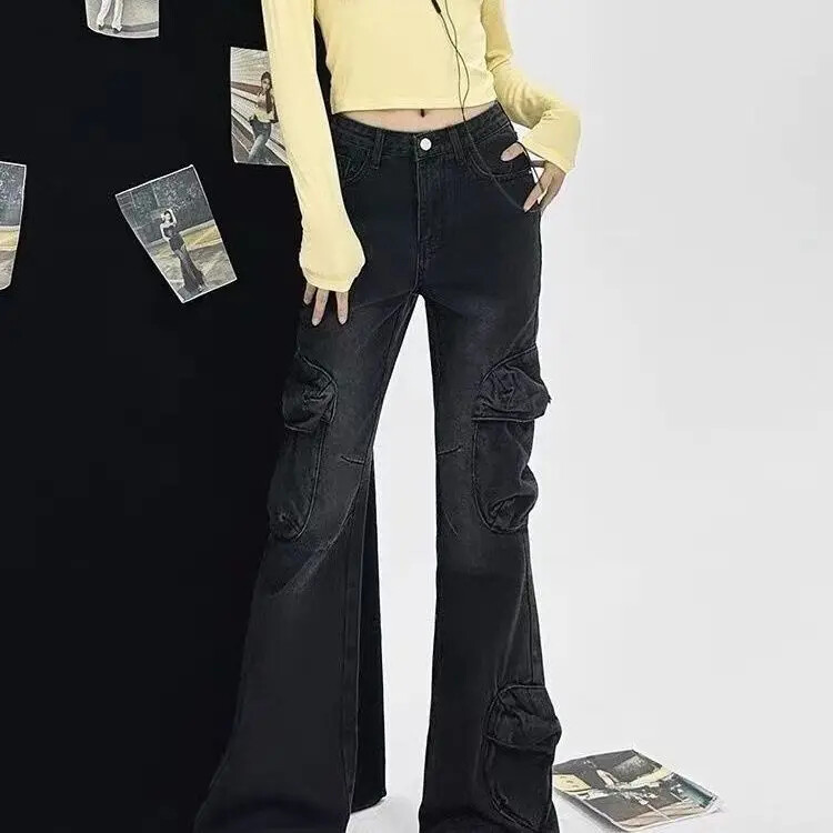 Amerikietiško stiliaus vintažiniai liekninantys džinsai aukštu juosmeniu kišeninio dizaino Sensibility laisvalaikio krovininės kelnės moterims pavasario vasara