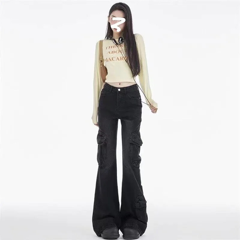 Amerikietiško stiliaus vintažiniai liekninantys džinsai aukštu juosmeniu kišeninio dizaino Sensibility laisvalaikio krovininės kelnės moterims pavasario vasara