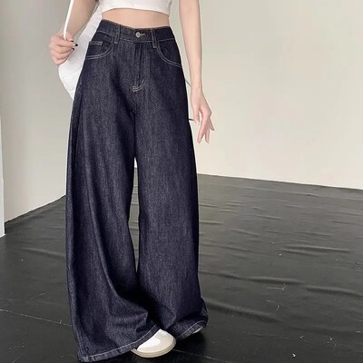 Ligeman amerikai stílusú, magas derekú mélykék széles szárú farmer Női, bő szabású keskeny változat, egyenes szárú nadrág nyári új árri