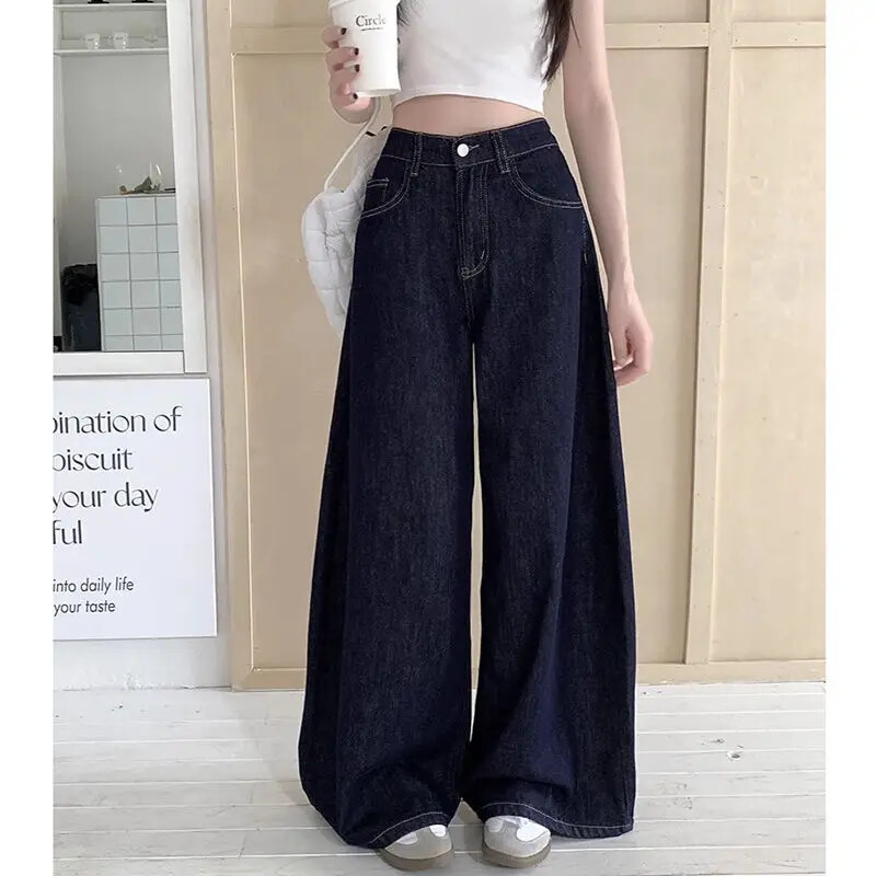 Ligeman amerikai stílusú, magas derekú mélykék széles szárú farmer Női, bő szabású keskeny változat, egyenes szárú nadrág nyári új árri