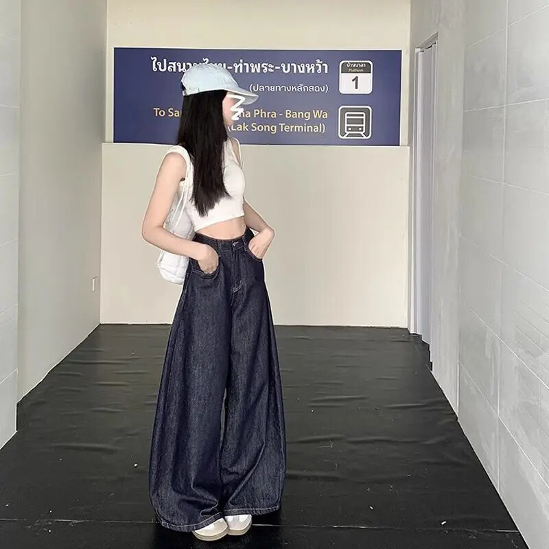 Ligeman amerikai stílusú, magas derekú mélykék széles szárú farmer Női, bő szabású keskeny változat, egyenes szárú nadrág nyári új árri