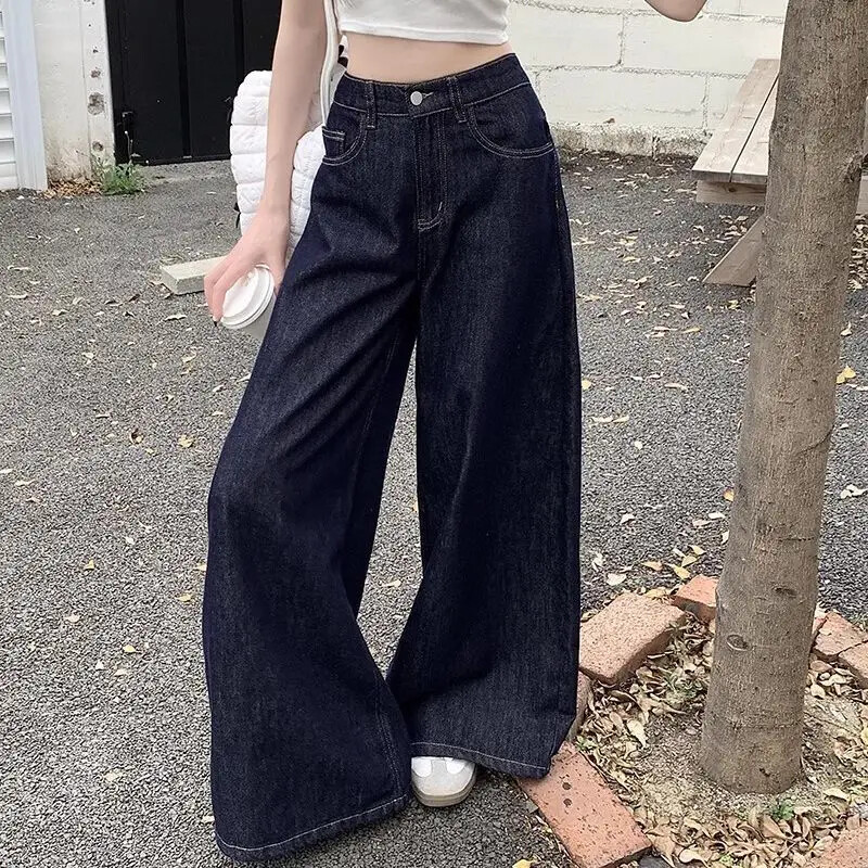 Ligeman amerikai stílusú, magas derekú mélykék széles szárú farmer Női, bő szabású keskeny változat, egyenes szárú nadrág nyári új árri