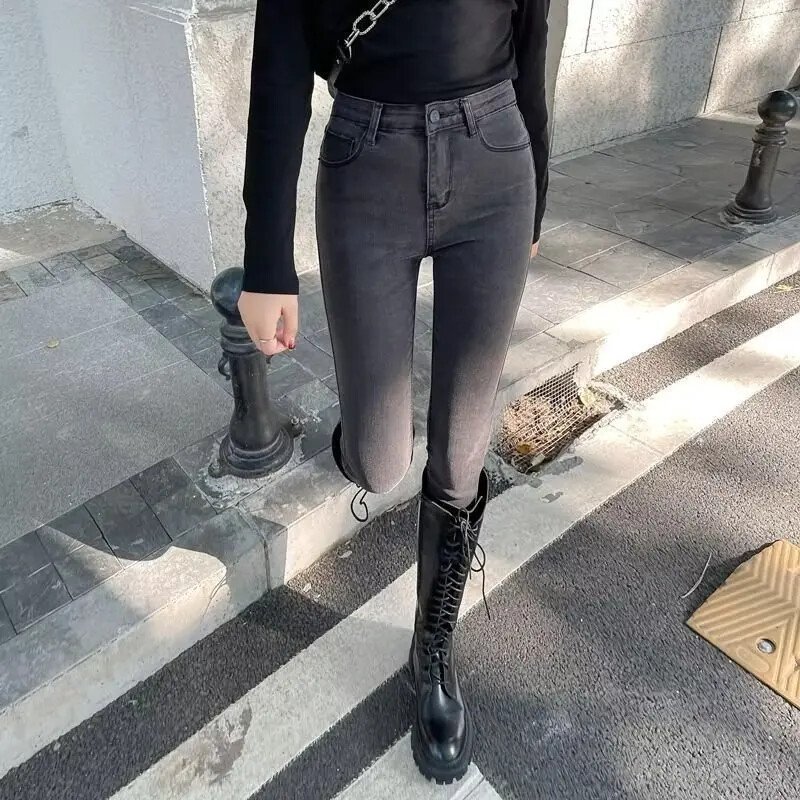 Džinsai su pilku flisu pamušalu Moteriški „Slimmingslims“ aukštu juosmeniu, 2023 m. Naujo stiliaus žiemos stangrinantis liekninamasis poveikis jūsų kūnui