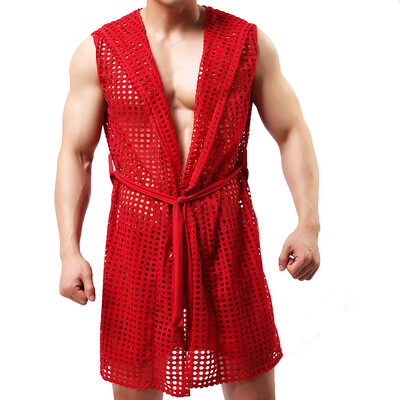 Seksikas hommikumantel magamisriided võrguga kapuuts Sleep Lounge pidžaama geirõivad, meeste õõnsad mood Perspective hommikumantel hommikumantel (ilma lühikeste püksteta)