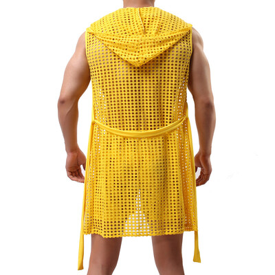 Seksikas hommikumantel magamisriided võrguga kapuuts Sleep Lounge pidžaama geirõivad, meeste õõnsad mood Perspective hommikumantel hommikumantel (ilma lühikeste püksteta)