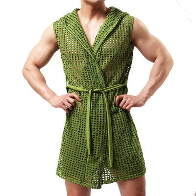 Seksikas hommikumantel magamisriided võrguga kapuuts Sleep Lounge pidžaama geirõivad, meeste õõnsad mood Perspective hommikumantel hommikumantel (ilma lühikeste püksteta)