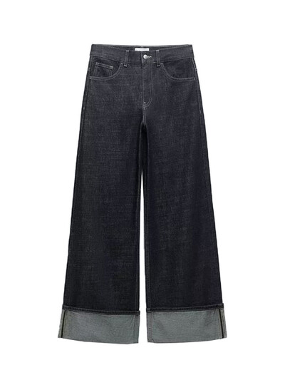 TRAF Moteriški nauji džinsai aukštu juosmeniu Ploni aukštu juosmeniu slenkančios kelnės palaidos džinsai Madingi laisvalaikio džinsai plačiomis kojomis