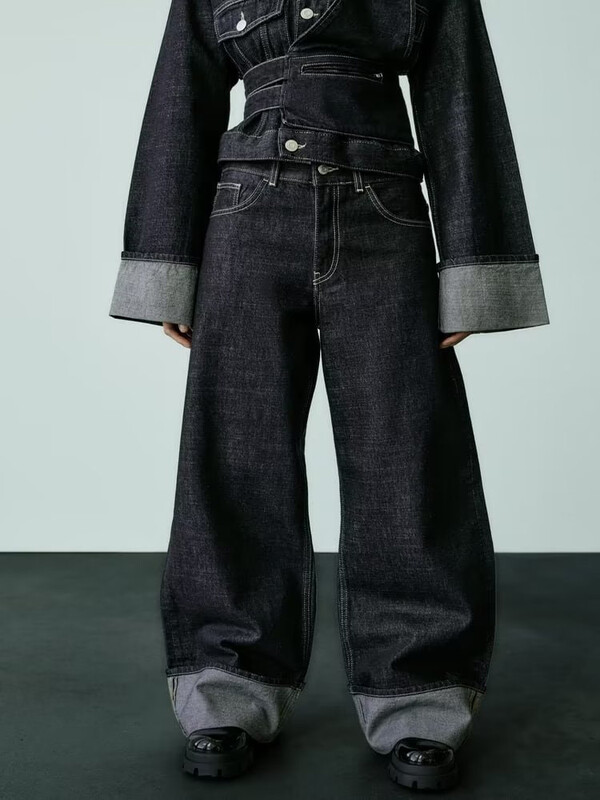 TRAF Moteriški nauji džinsai aukštu juosmeniu Ploni aukštu juosmeniu slenkančios kelnės palaidos džinsai Madingi laisvalaikio džinsai plačiomis kojomis