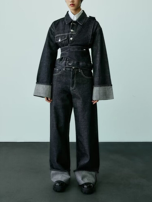 TRAF Moteriški nauji džinsai aukštu juosmeniu Ploni aukštu juosmeniu slenkančios kelnės palaidos džinsai Madingi laisvalaikio džinsai plačiomis kojomis