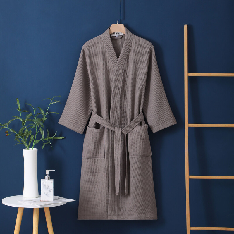 Párok 100% pamut fürdőköpeny kimonó fürdőköpeny kényelmes férfi és női köntös V-nyakú Hálóruha Hálóing Solid Waffle Hotel