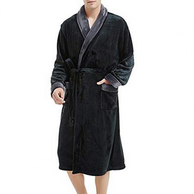 Színes hálóing Férfi vastag plüss korall gyapjú téli hálóing hosszú ujjú nyakkendővel, derék zsebekkel