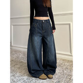 Mėlynos moteriškos retro Y2K 2000 m. plačios kojos, laisvalaikio džinsinės kelnės aukštu juosmeniu, laisvi džinsai, 2024 m. rudens Harajuku viso ilgio kelnės