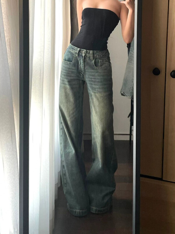 HOUZHOU Y2k Vintage Baggy teksad naistele pestud vabaaja kõrge vöökohaga lahtised teksapüksid tänavarõivad Korea laia säärega teksapüksid