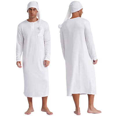 Vyriškas kalėdinis dryžuotas chalatas miegui su skrybėlių komplektu ilgomis rankovėmis Laisvi ilgi chalatai pižamos Sissy vyriški naktiniai drabužiai poilsio drabužiai miegui