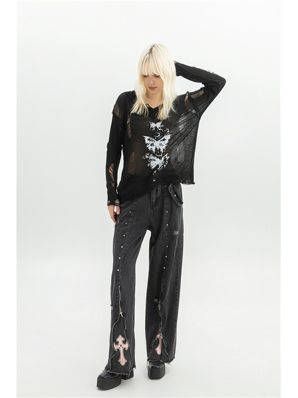 Női ruházat Fekete gótikus farmer 90-es évek Esztétikus Y2k Oversize farmer nadrág Vintage Harajuku Koreai Emo 2000-es évek Szemetes Jean nadrág