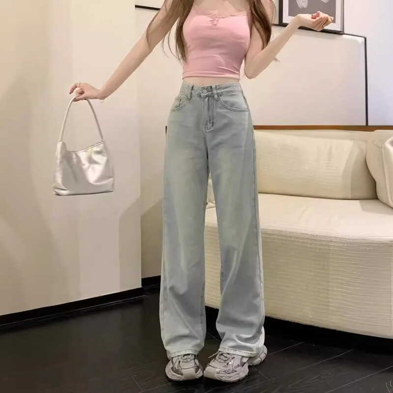 Moteriški tiesių kojų dizaino liekninantys džinsai, laisvi, plačios kojos Honkongo stiliaus Mm dizaino jautrumas