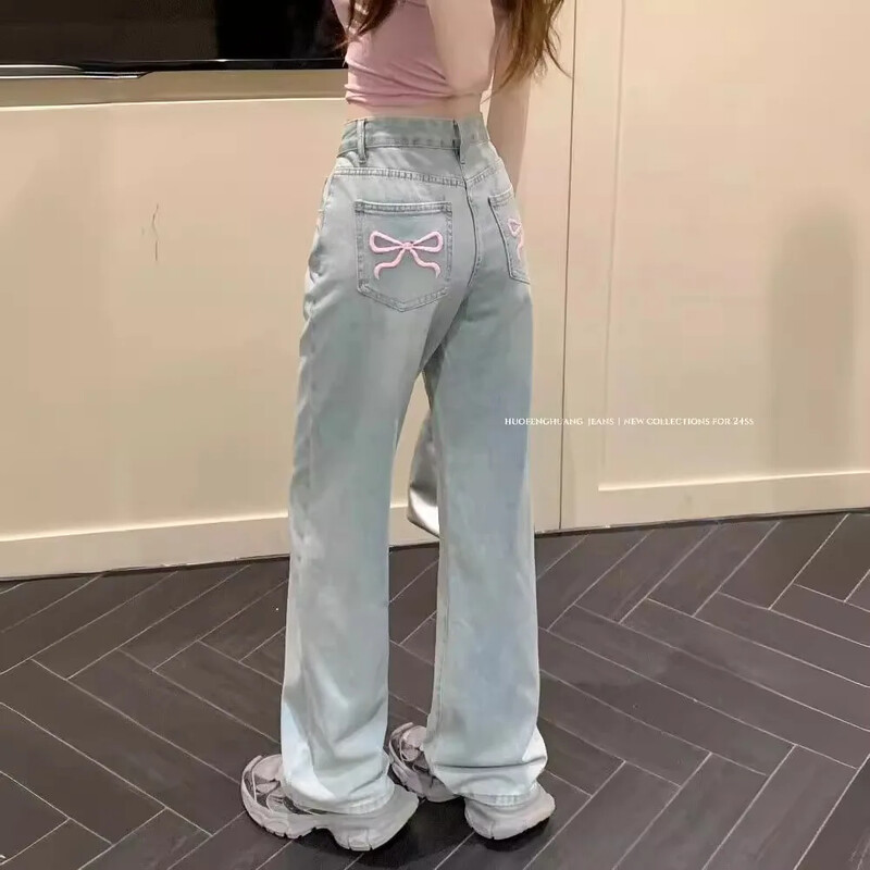 Moteriški tiesių kojų dizaino liekninantys džinsai, laisvi, plačios kojos Honkongo stiliaus Mm dizaino jautrumas