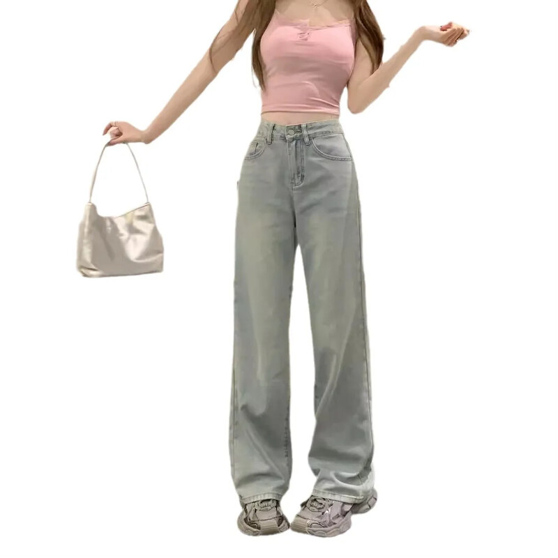 Moteriški tiesių kojų dizaino liekninantys džinsai, laisvi, plačios kojos Honkongo stiliaus Mm dizaino jautrumas